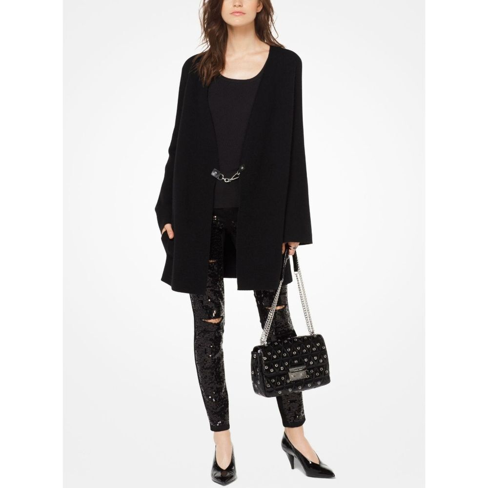 New! MICHAEL KORS Women's Wool-Blend Long Black Cardigan Sweater With Pockets